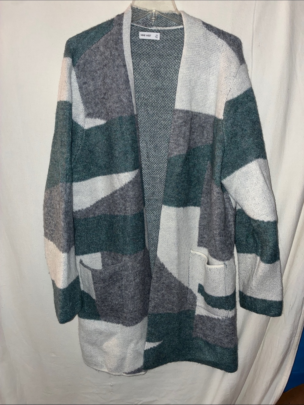 Nine West Teal and Gray Open-Front Geometric Cardigan